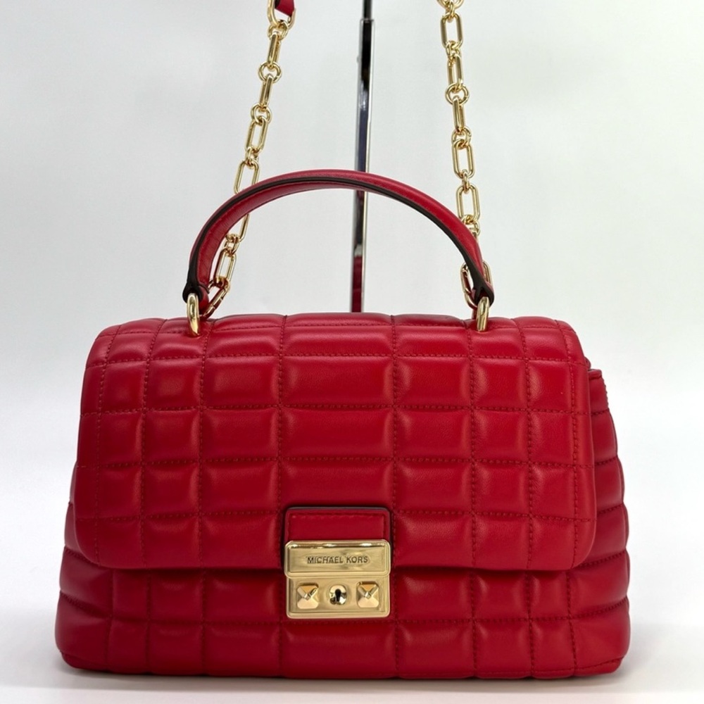 Michael Kors Tribeca Medium Quilted Leather Satchel Bag Crimson Red